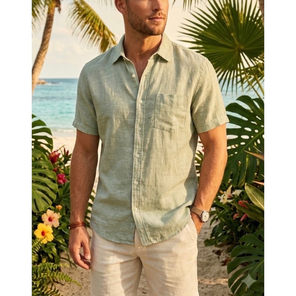 Thom Aaron Mens Large Sage Green 100% Linen Short Sleeve Button Down Shirt